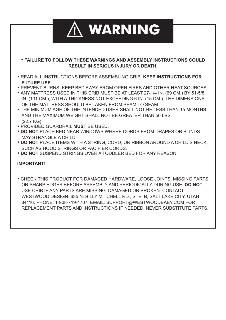 Warning | Westwood Design Newcastle Cottage Crib Guard Rail Kit User Manual | Page 2 / 4