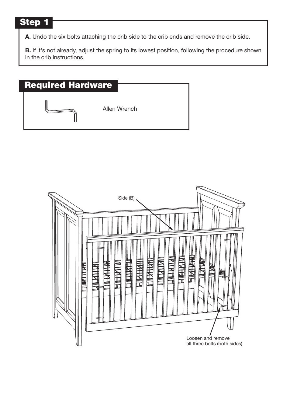 Step 1, Required hardware | Westwood Design Newcastle Cottage Crib Guard Rail Kit User Manual | Page 3 / 4