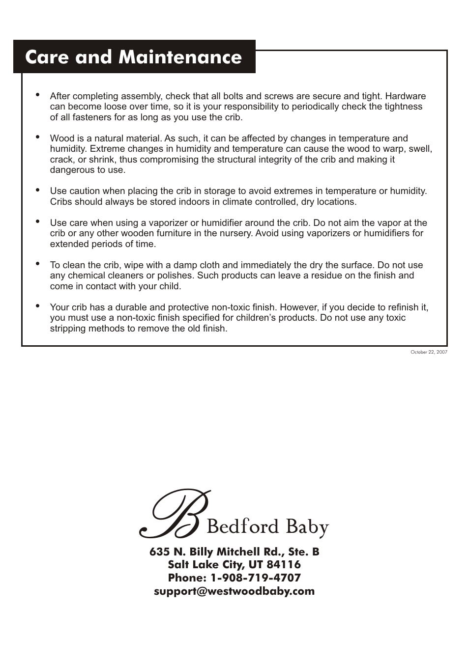 Bedford baby, Care and maintenance | Westwood Design Monterey Convertible Crib User Manual | Page 14 / 14