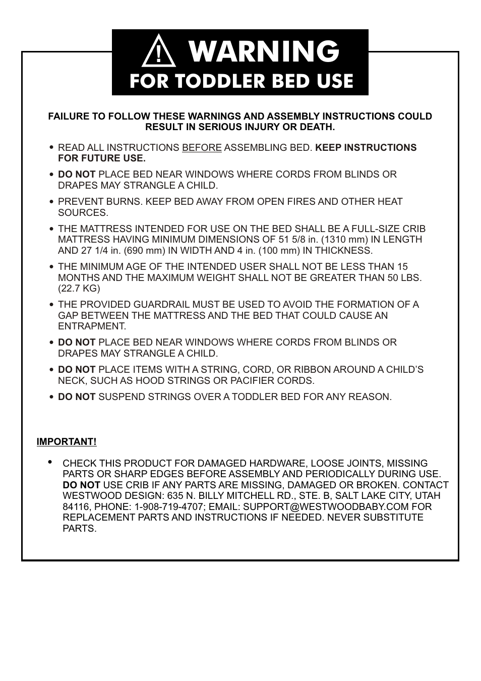 Warning, For toddler bed use | Westwood Design Monterey Convertible Crib User Manual | Page 3 / 14