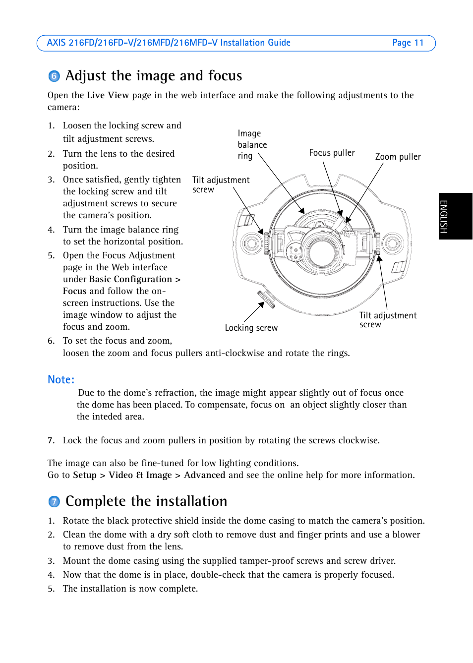 Adjust the image and focus, Complete the installation | Axis Communications 216FD User Manual | Page 11 / 74