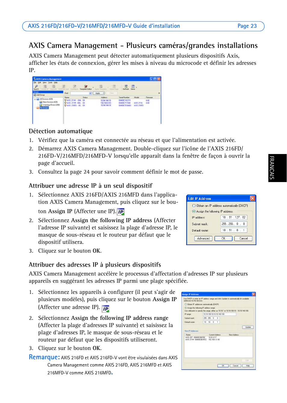 Remarque | Axis Communications 216FD User Manual | Page 23 / 74