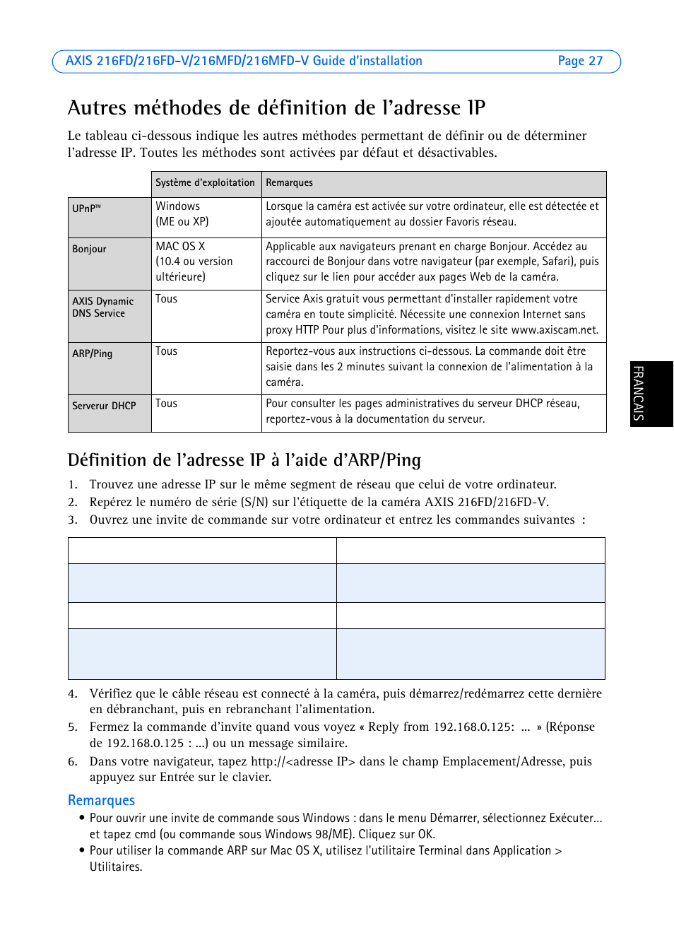 Autres méthodes de définition de l'adresse ip, Définition de l'adresse ip à l'aide d'arp/ping, Remarques | Axis Communications 216FD User Manual | Page 27 / 74