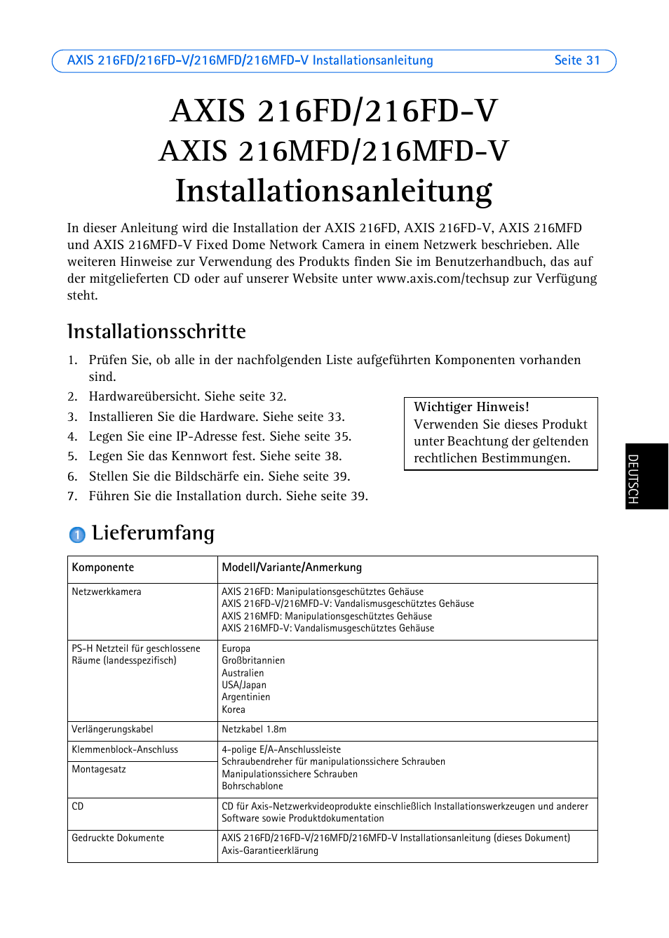Installationsschritte, Lieferumfang, Installationsanleitung | Axis Communications 216FD User Manual | Page 31 / 74