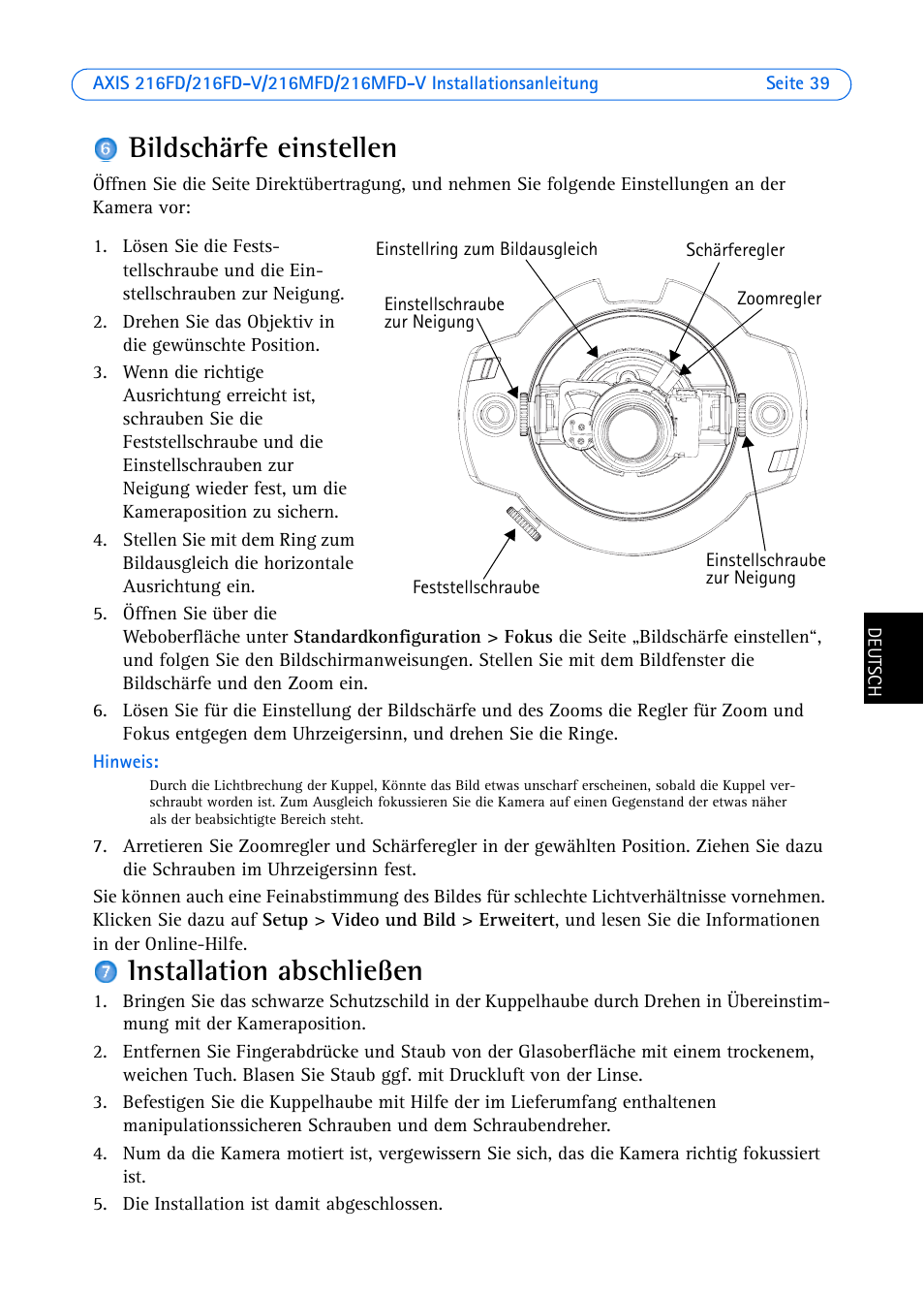 Installation abschließen, E seite 39, Bildschärfe einstellen | Axis Communications 216FD User Manual | Page 39 / 74