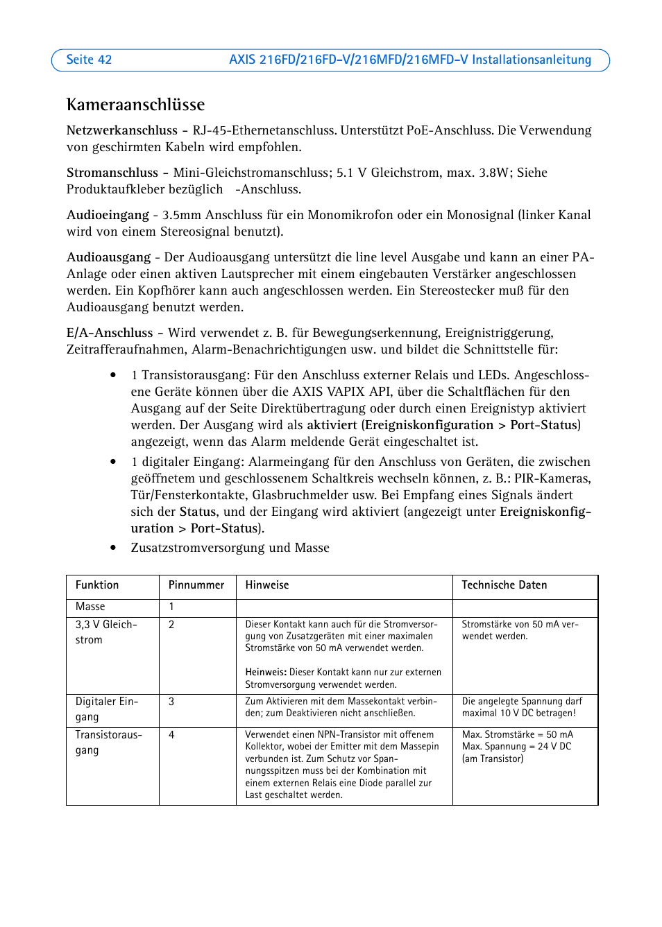 Kameraanschlüsse | Axis Communications 216FD User Manual | Page 42 / 74