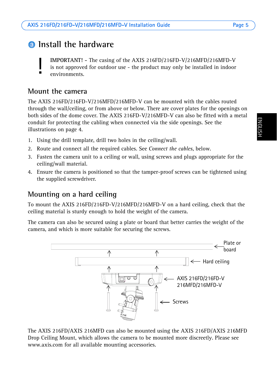 Install the hardware, Mount the camera, Mounting on a hard ceiling | Axis Communications 216FD User Manual | Page 5 / 74