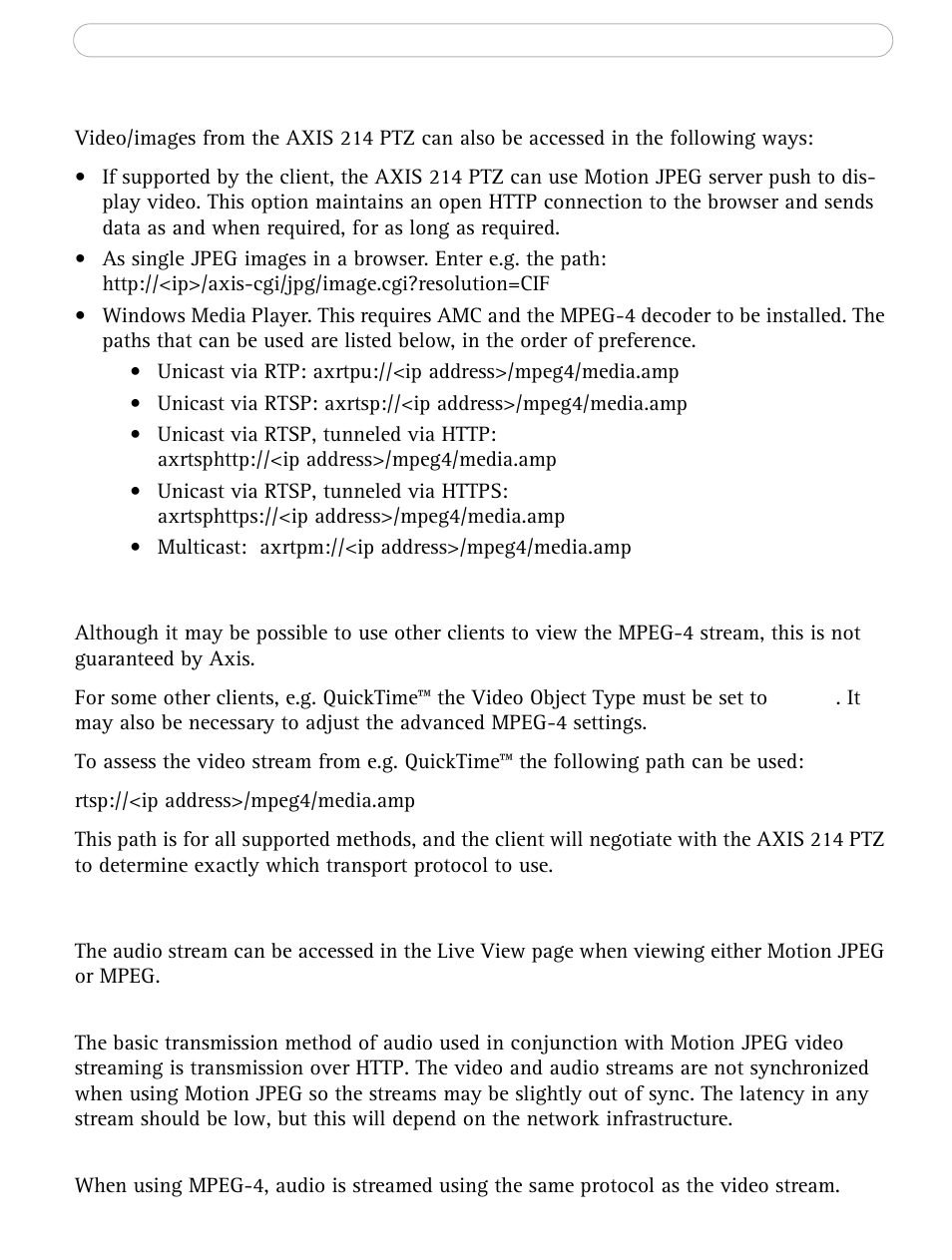 Other methods of accessing the video stream, Other mpeg-4 clients, Audio transmission methods | Axis Communications AXIS 214 PTZ User Manual | Page 18 / 70