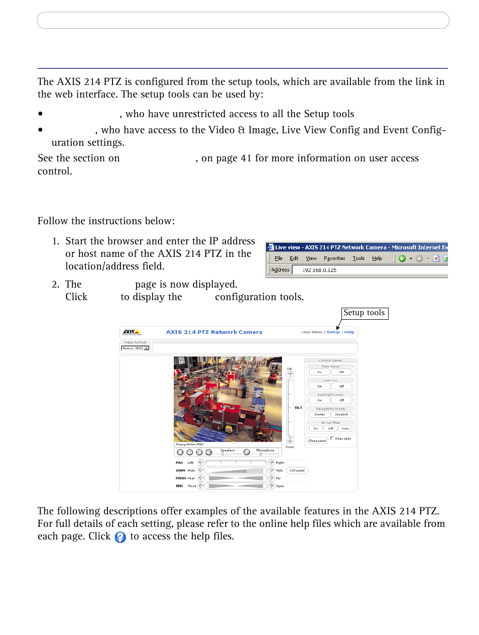 The setup tools, Accessing the setup tools from a browser | Axis Communications AXIS 214 PTZ User Manual | Page 20 / 70
