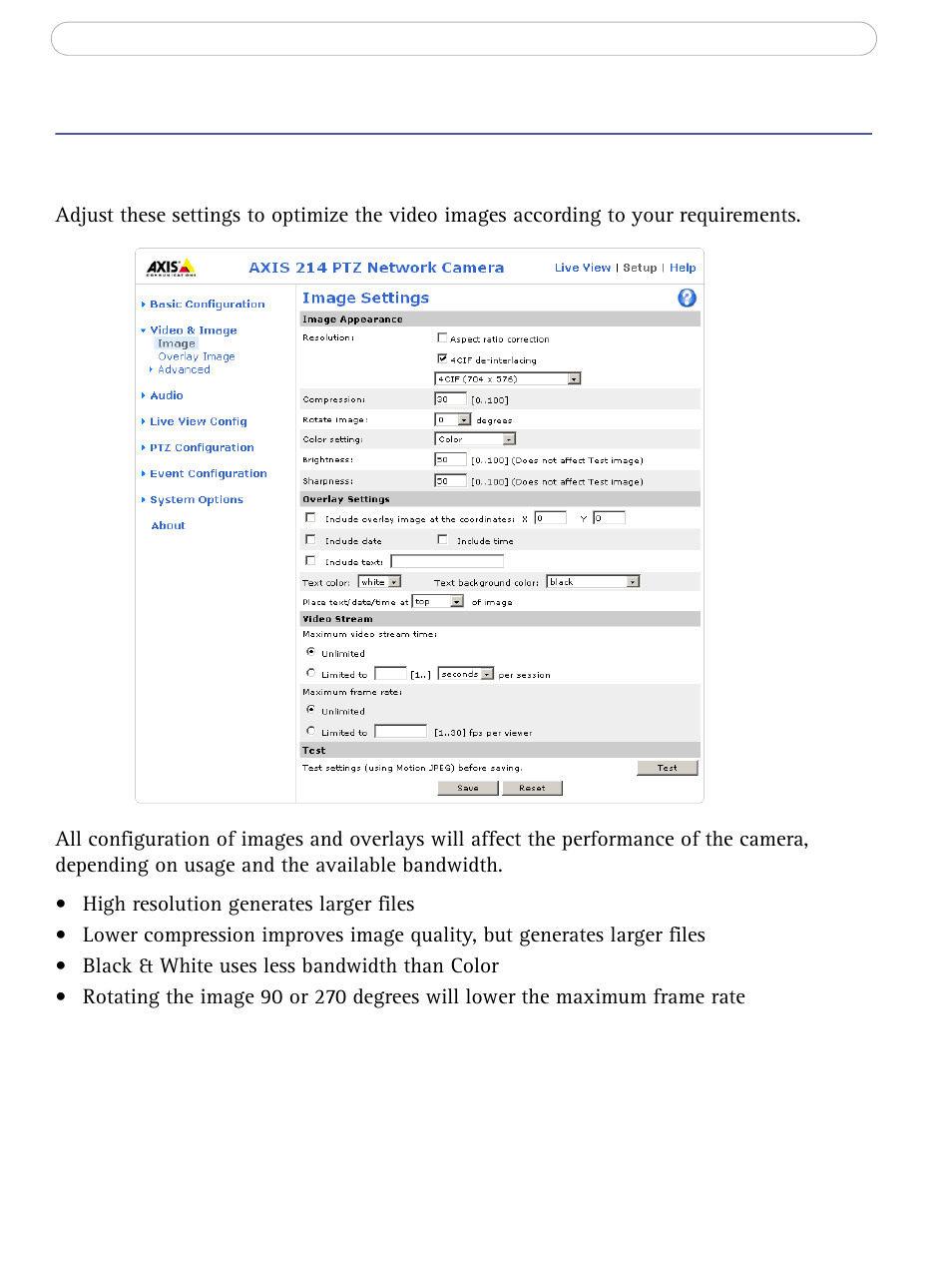 Video & image settings | Axis Communications AXIS 214 PTZ User Manual | Page 21 / 70