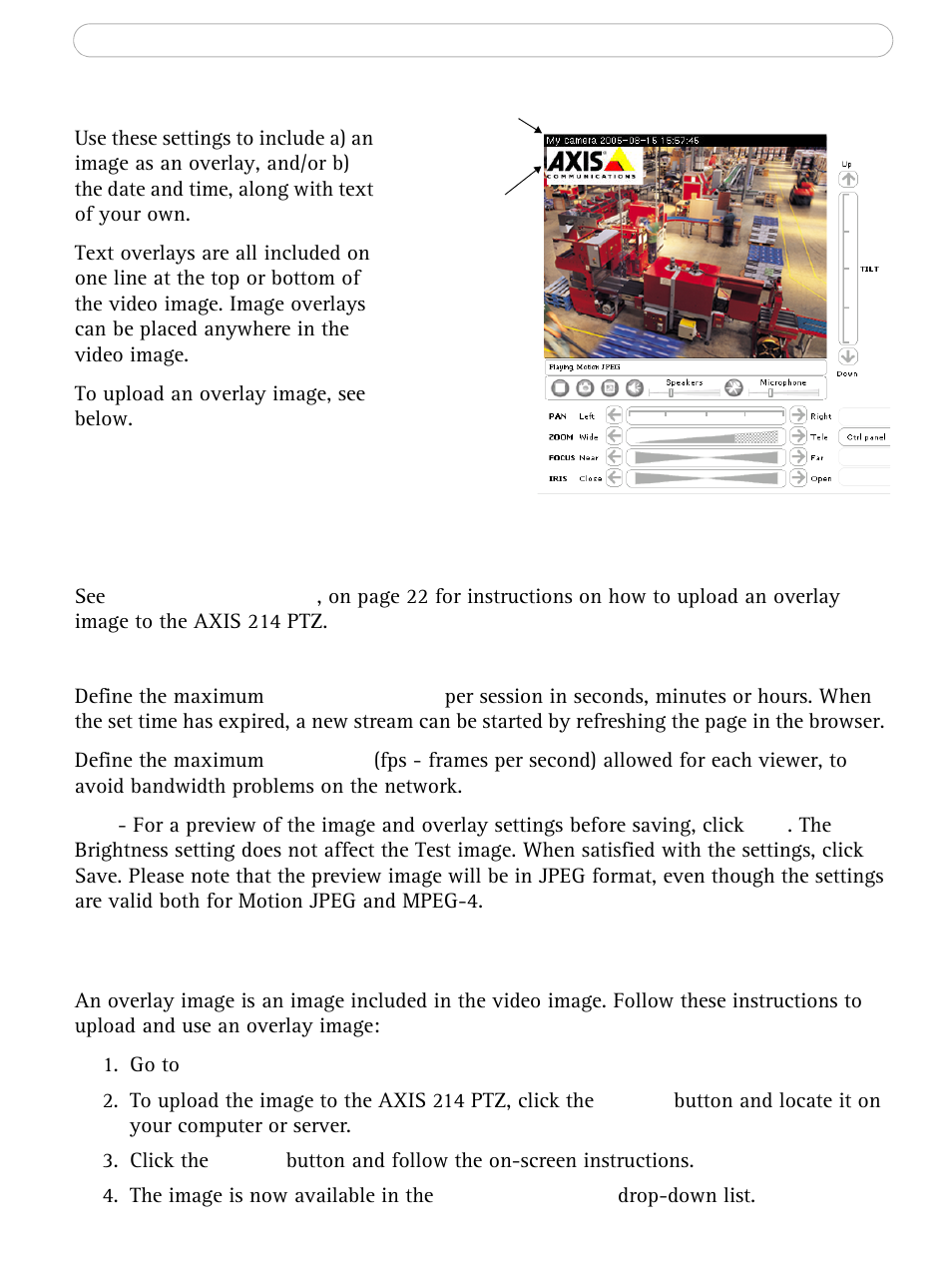 Overlay image settings, Overlay settings, Video stream | Axis Communications AXIS 214 PTZ User Manual | Page 22 / 70