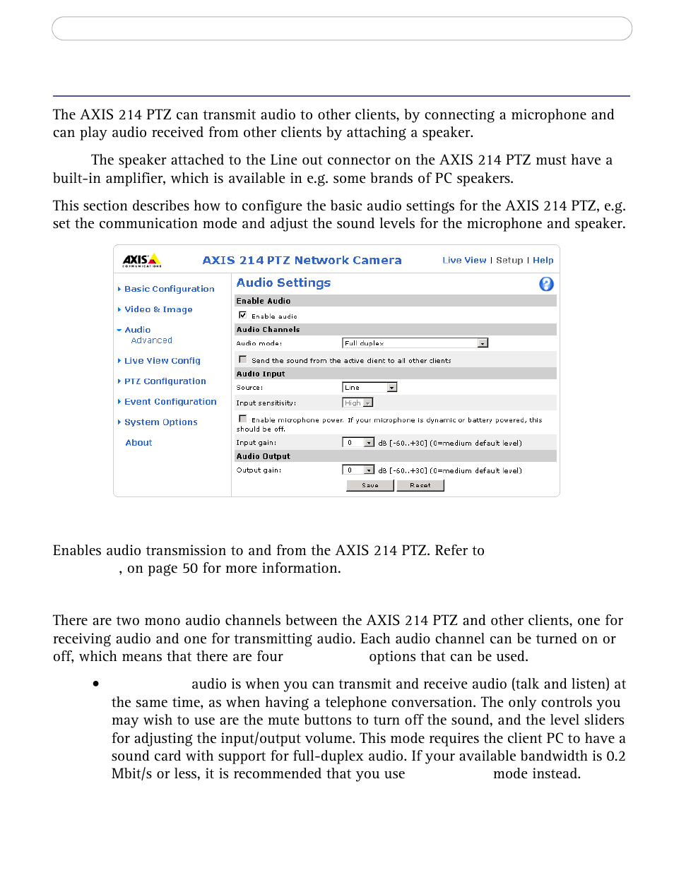 Audio, Enable audio, Audio channels | Axis Communications AXIS 214 PTZ User Manual | Page 26 / 70