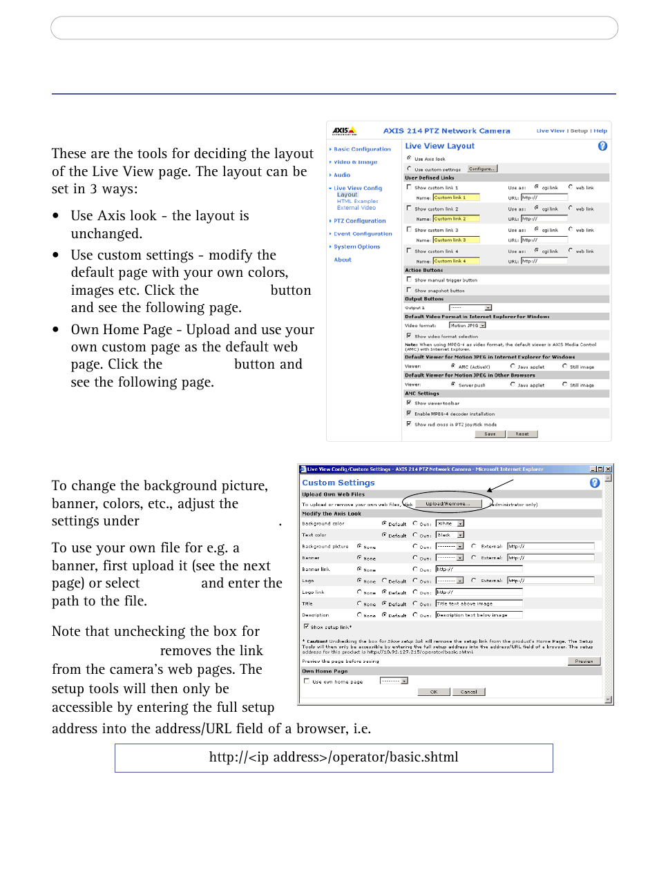 Live view config, Layout, Use custom settings | Axis Communications AXIS 214 PTZ User Manual | Page 30 / 70