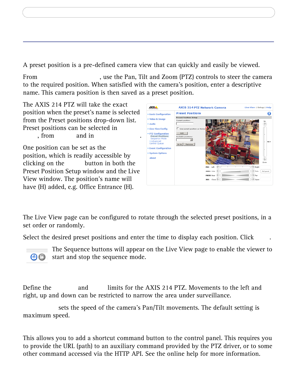 Ptz configuration, Sequence mode, Advanced - limits | Sequence mode advanced - limits, Preset positions, Advanced - ctrl panel | Axis Communications AXIS 214 PTZ User Manual | Page 34 / 70