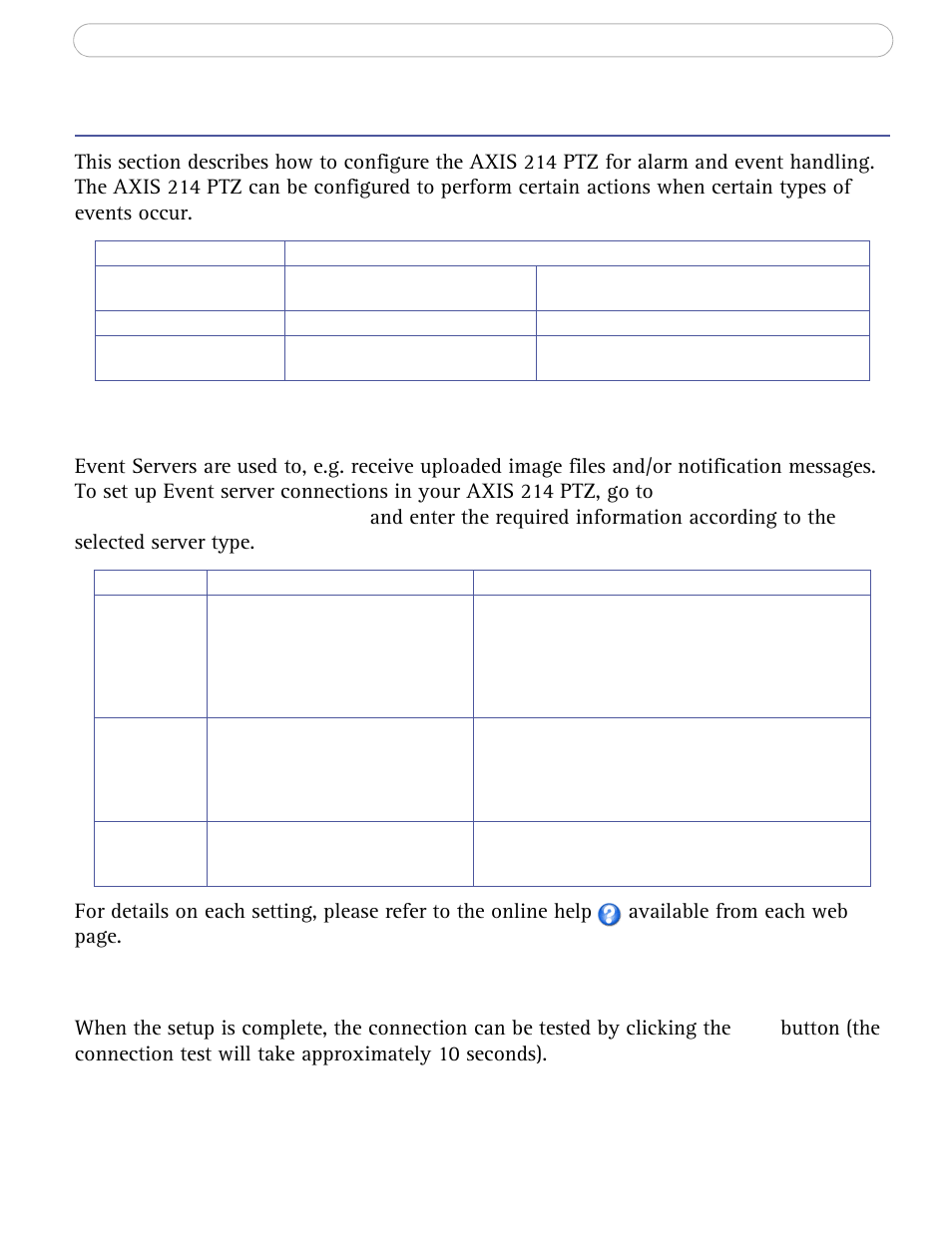 Event configuration, Event servers | Axis Communications AXIS 214 PTZ User Manual | Page 36 / 70