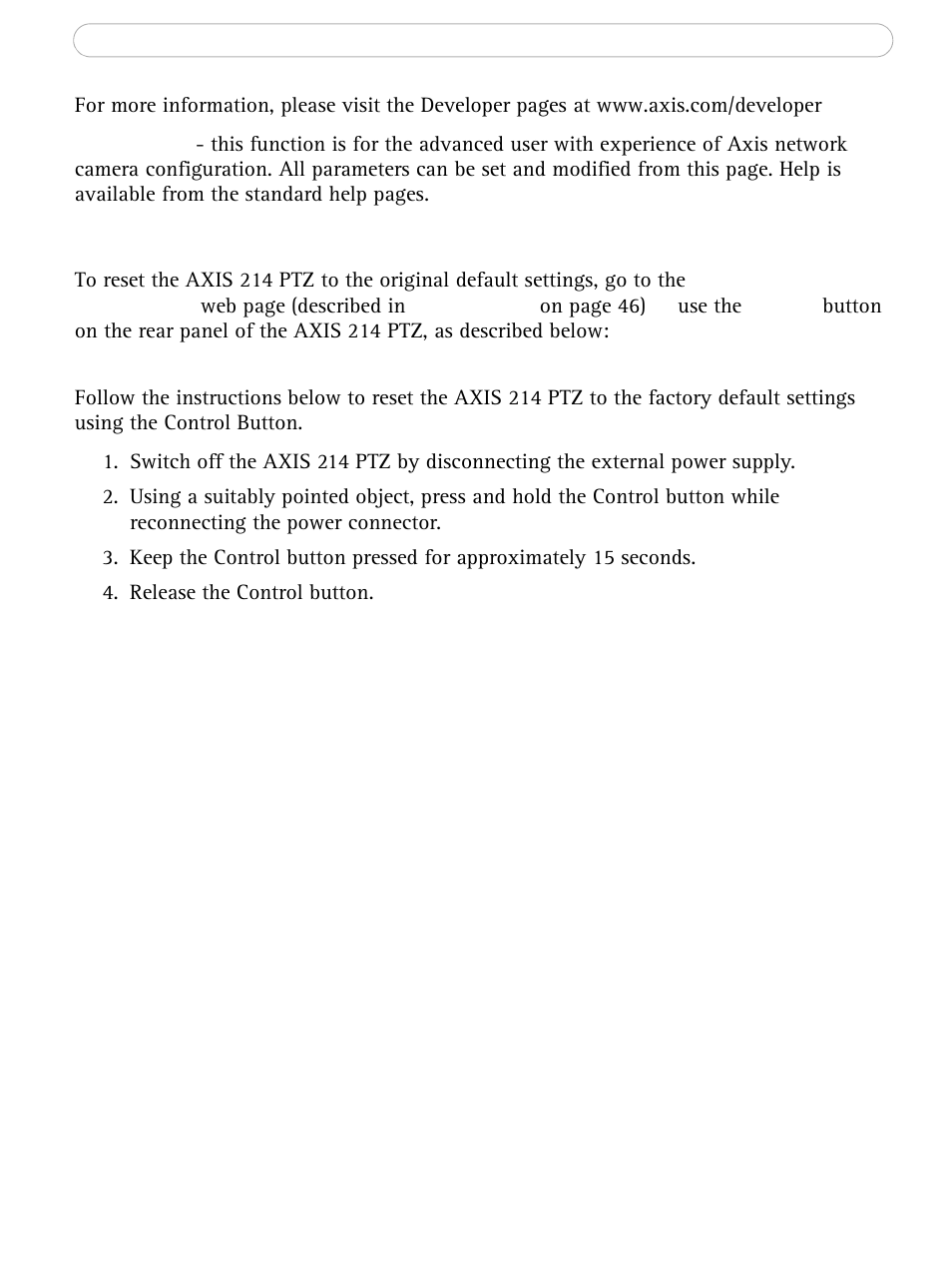 Resetting to the factory default settings | Axis Communications AXIS 214 PTZ User Manual | Page 48 / 70