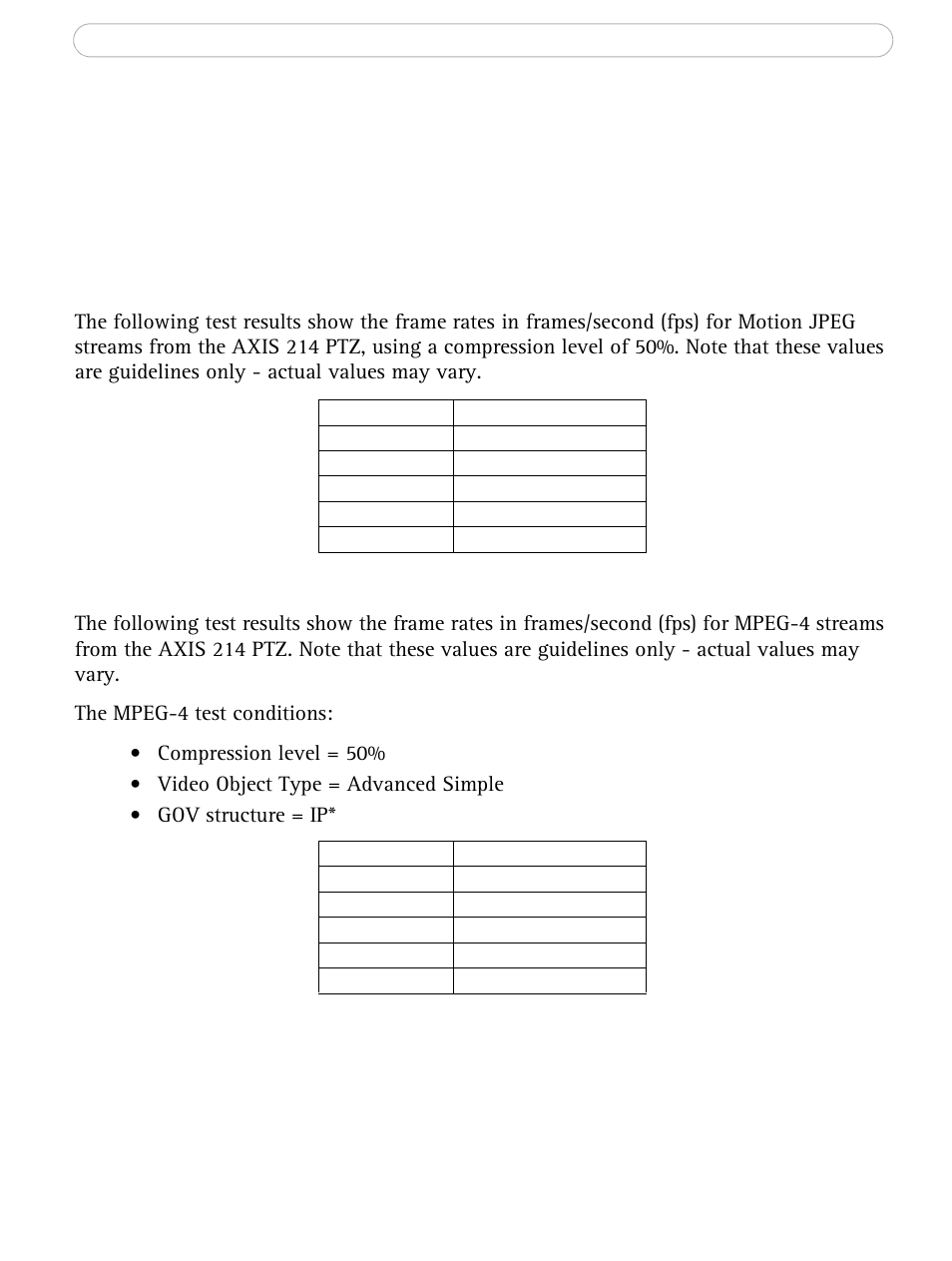 Frame rates - motion jpeg, Frame rates - mpeg-4 | Axis Communications AXIS 214 PTZ User Manual | Page 60 / 70