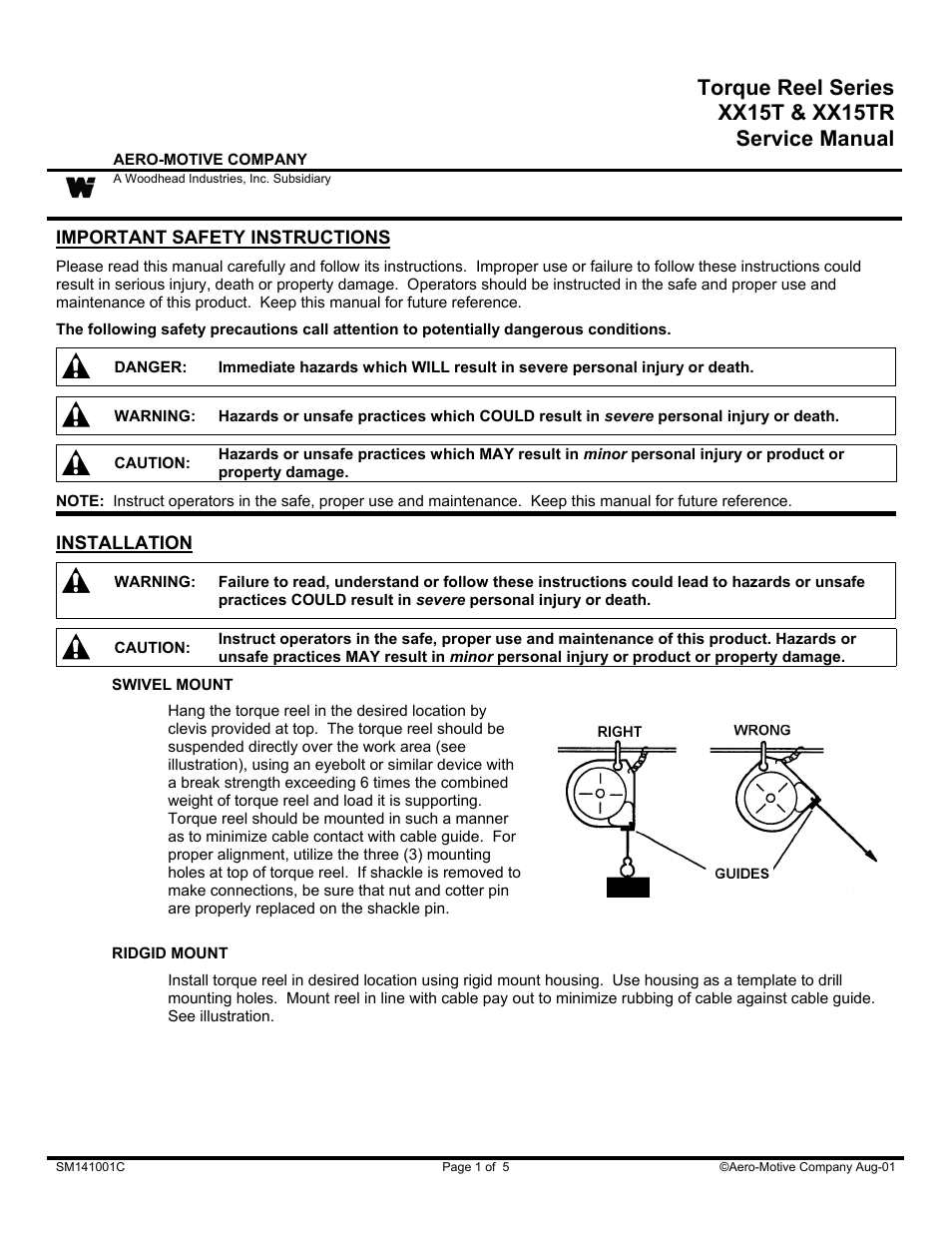 Woodhead Torque Reel Series XX15TR User Manual | 5 pages