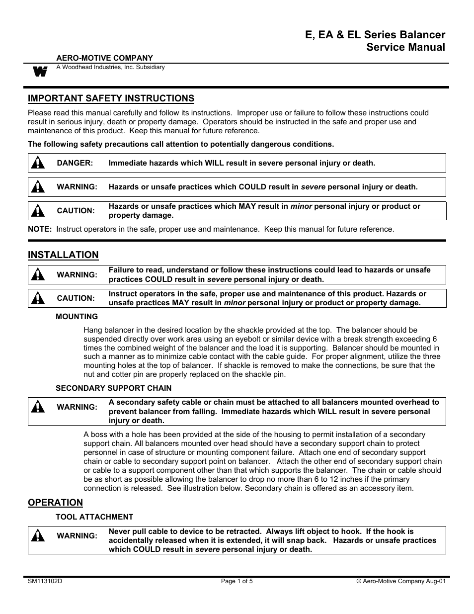 Woodhead E, EA & EL Series Balancer User Manual | 5 pages