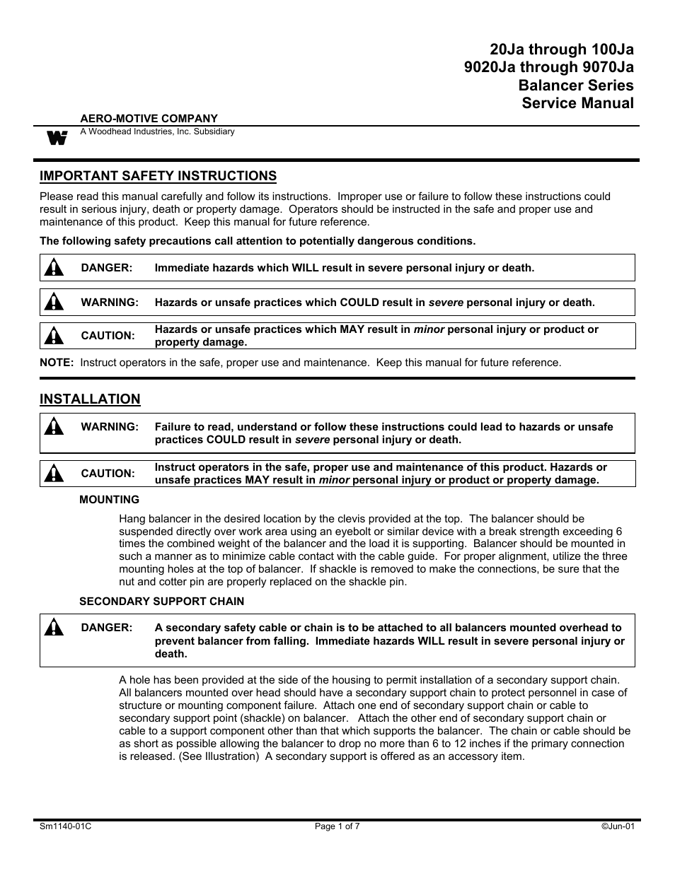 Woodhead 20Ja through 100Ja, 9020Ja through 9070Ja Balancer Serie User Manual | 7 pages