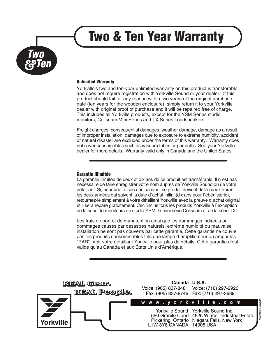 Two & ten year warranty, Real gear. real people | Yorkville NX10C User Manual | Page 15 / 16