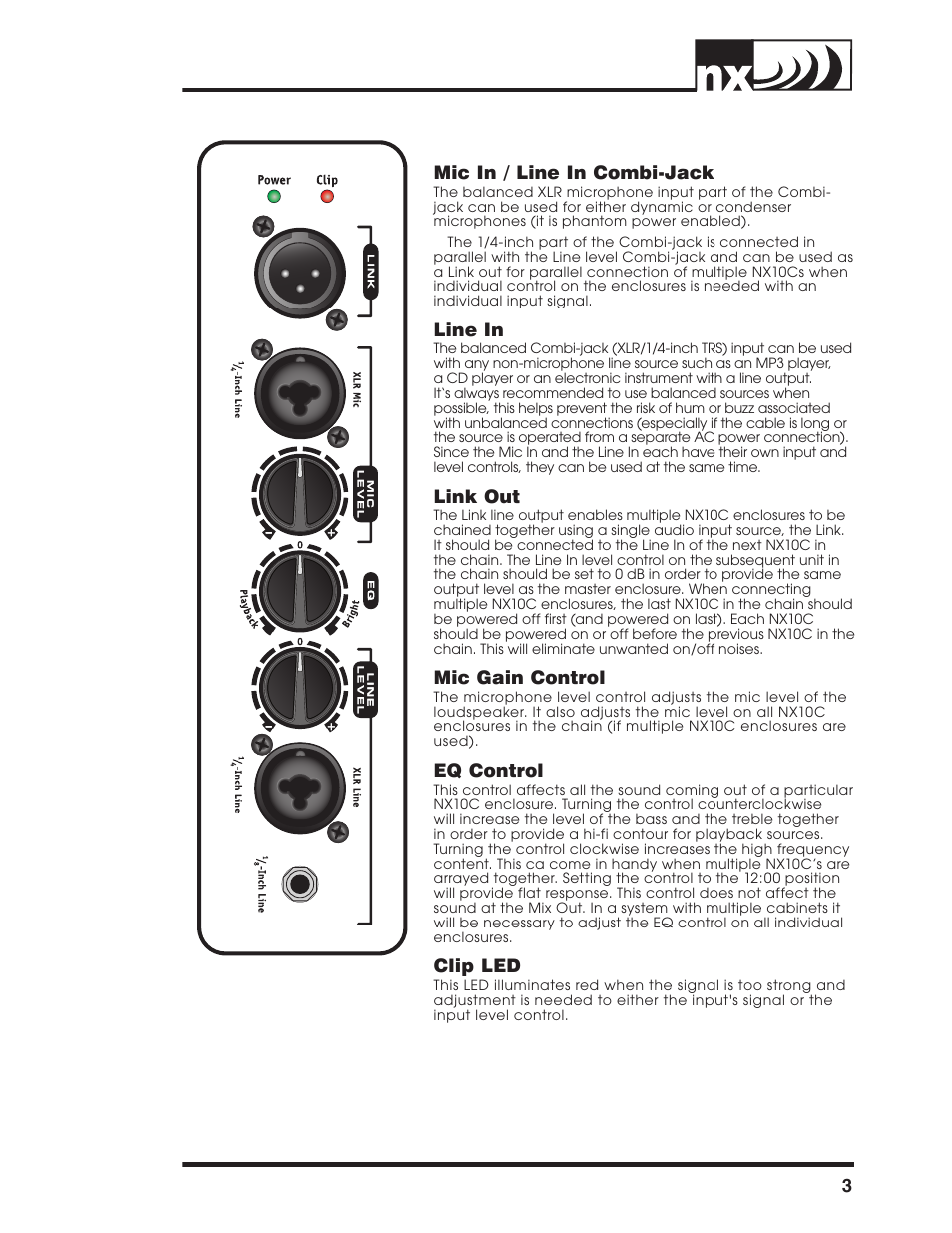 Mic in / line in combi-jack, Line in, Link out | Mic gain control, Eq control, Clip led, 3mic in / line in combi-jack | Yorkville NX10C User Manual | Page 5 / 16