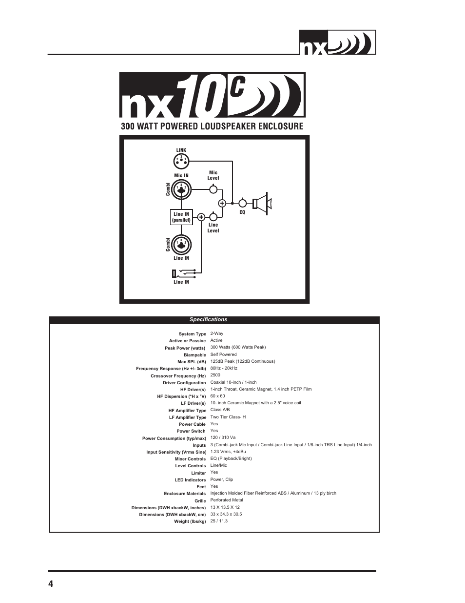 Block diagram, Specifications | Yorkville NX10C User Manual | Page 6 / 16
