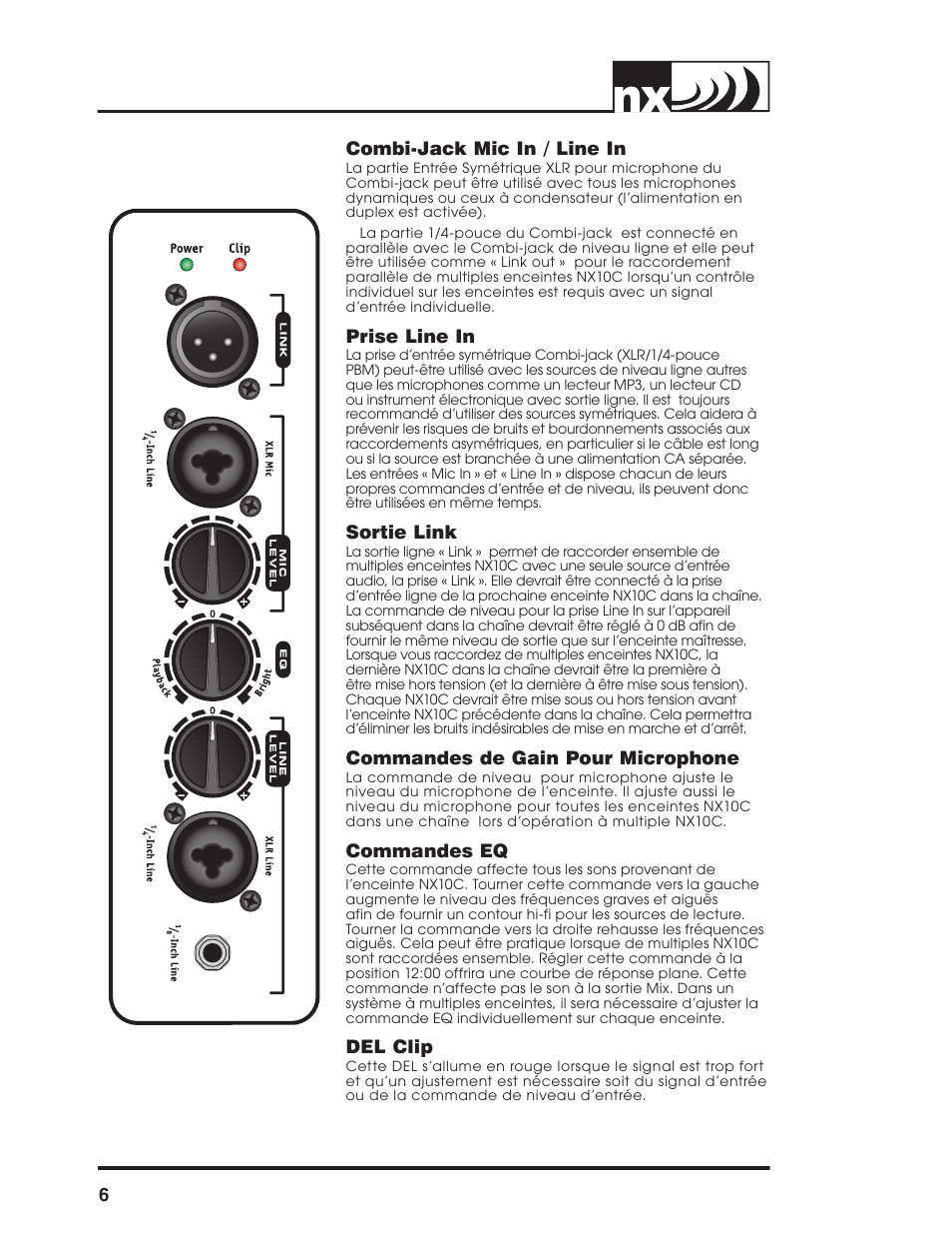 Combi-jack mic in / line in, Prise line in, Sortie link | Commandes de gain pour microphone, Commandes eq, Del clip, 6combi-jack mic in / line in | Yorkville NX10C User Manual | Page 8 / 16