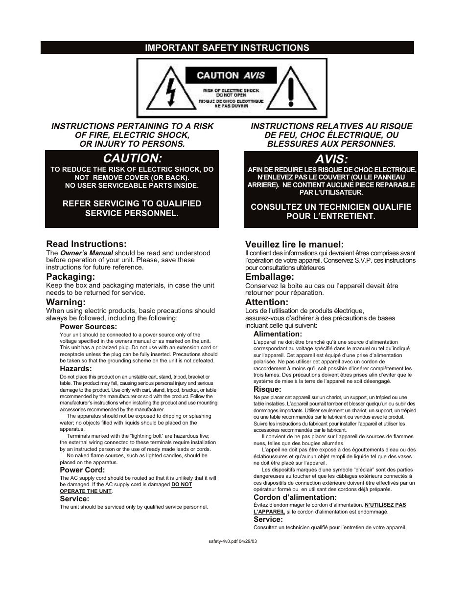 Safety, Caution, Avis | Yorkville NX200S User Manual | Page 2 / 7