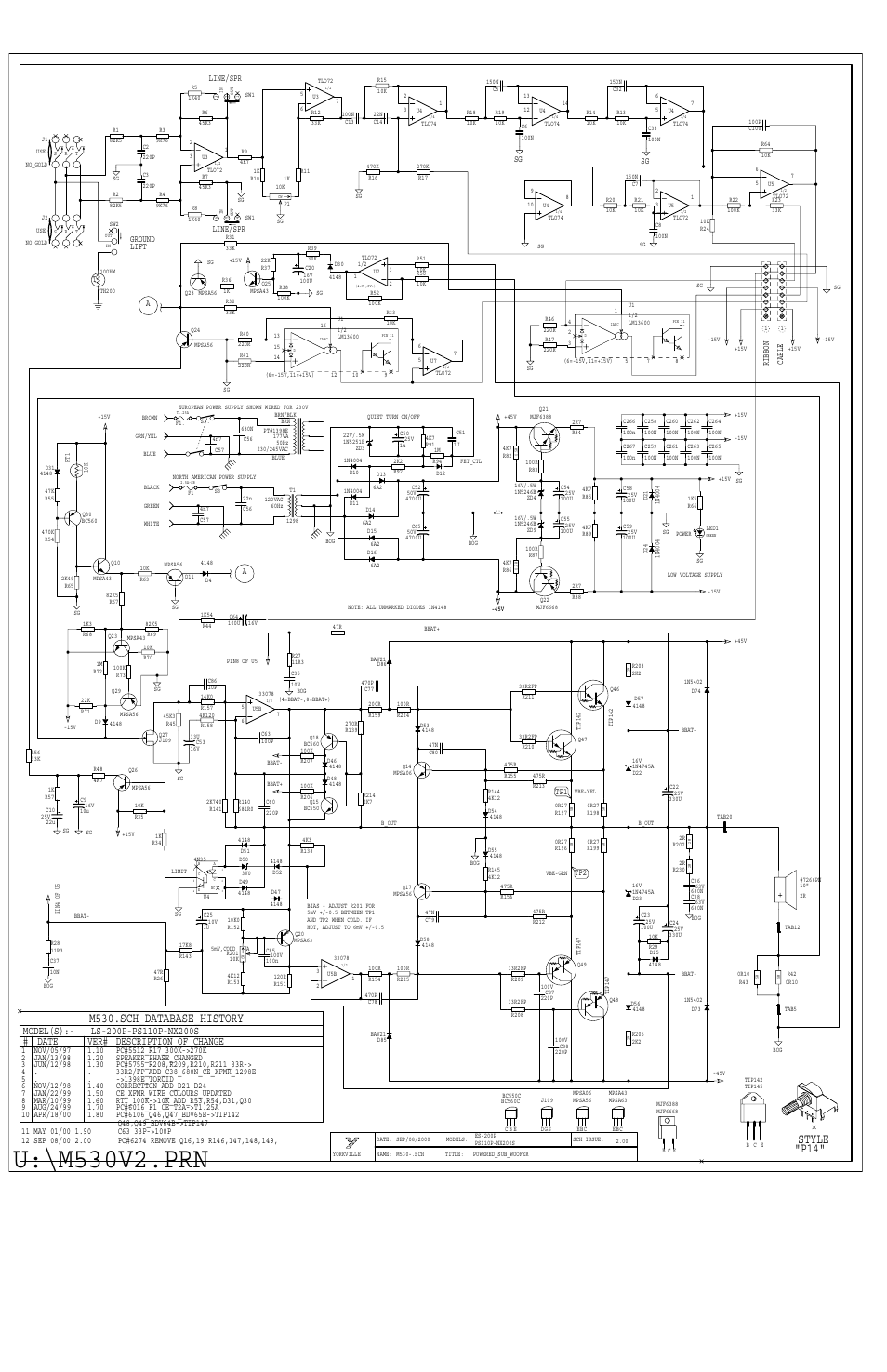 Schematic-m530-2v0, U:\m530v2.prn, M530.sch_database_history | P14" style, Description of change ver# date model(s) | Yorkville NX200S User Manual | Page 4 / 7