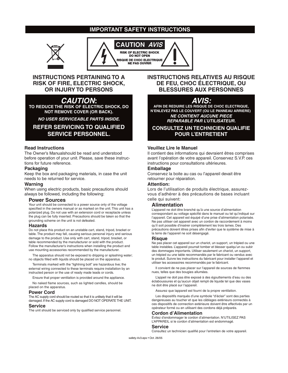 Safety, Caution, Avis | Important safety instructions | Yorkville E10 User Manual | Page 2 / 5
