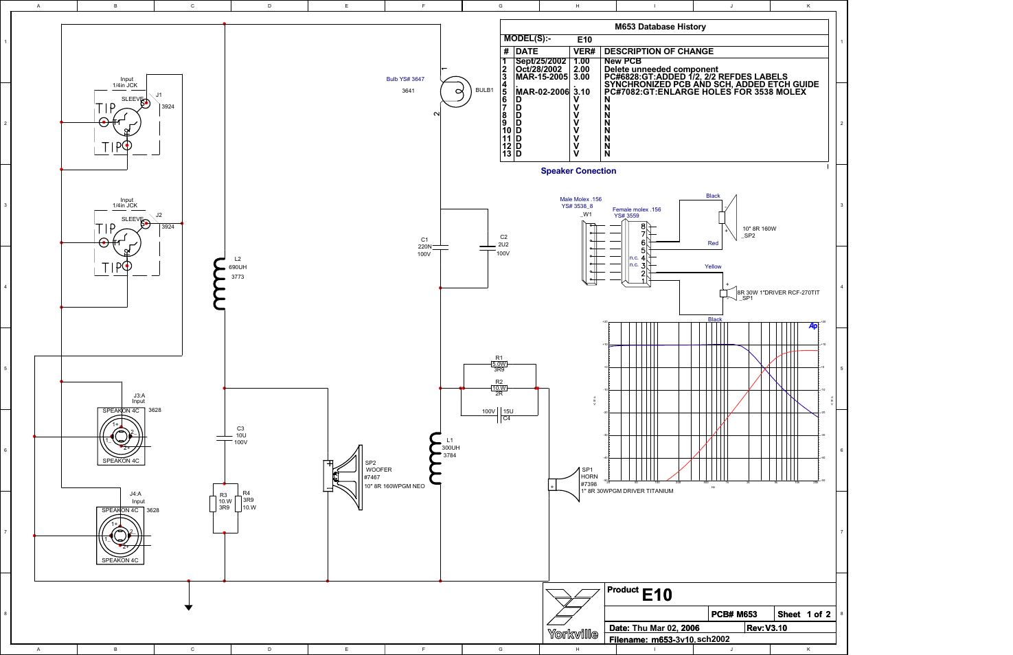 Schematic-m653-3v10, Speaker conection | Yorkville E10 User Manual | Page 4 / 5