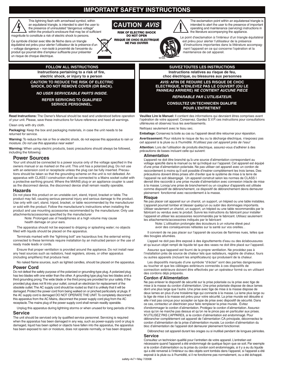 Safety, Important safety instructions, Power sources | Hazards, Power cord, Service | Yorkville E12 User Manual | Page 2 / 9