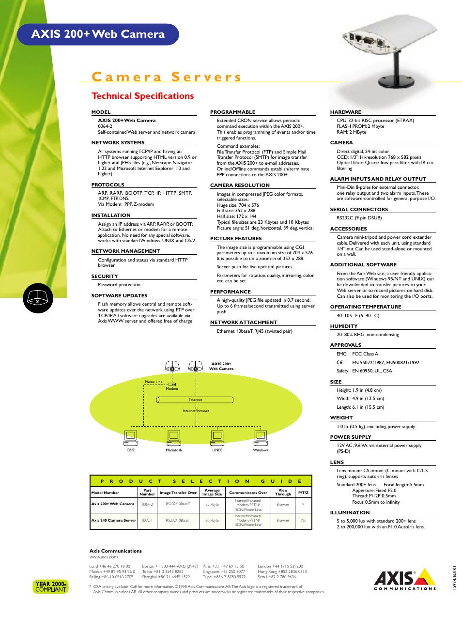 Axis 200+ web camera, Technical specifications | Axis Communications 200+ User Manual | Page 2 / 2