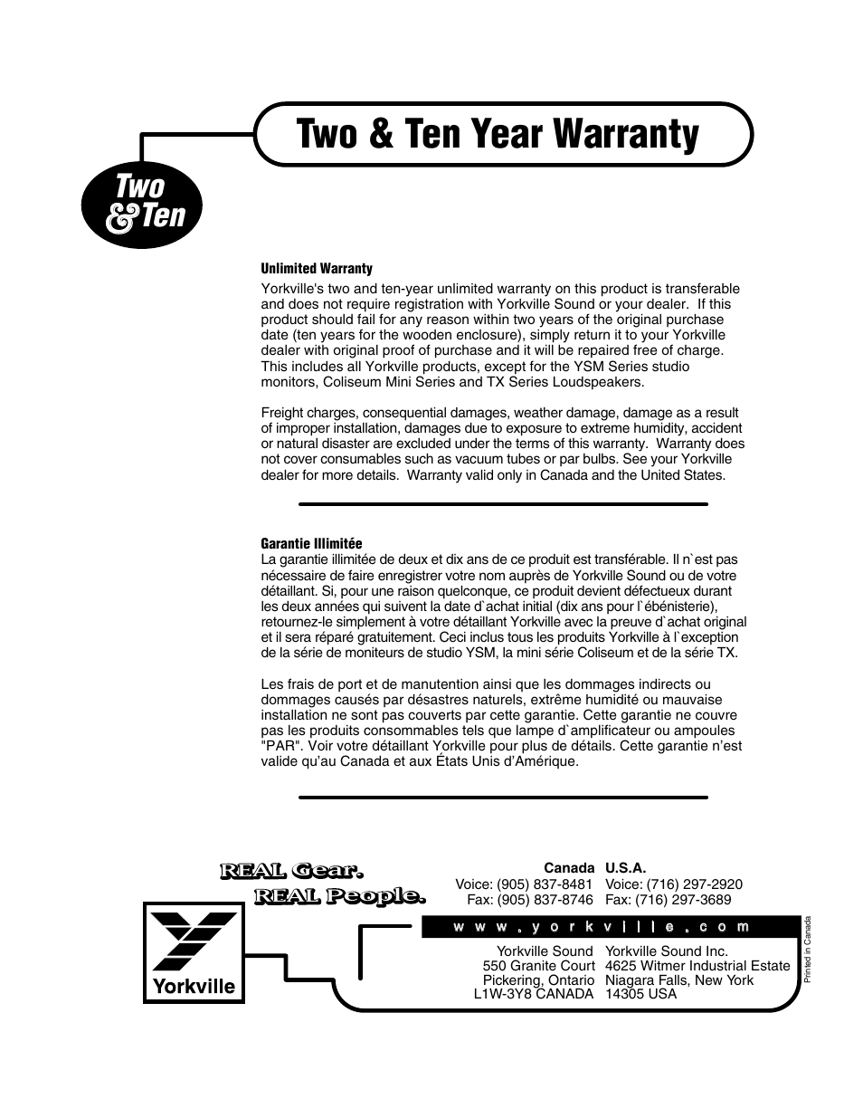 Warranty, Two & ten year warranty, Real gear. real people | Yorkville EX1 User Manual | Page 17 / 18