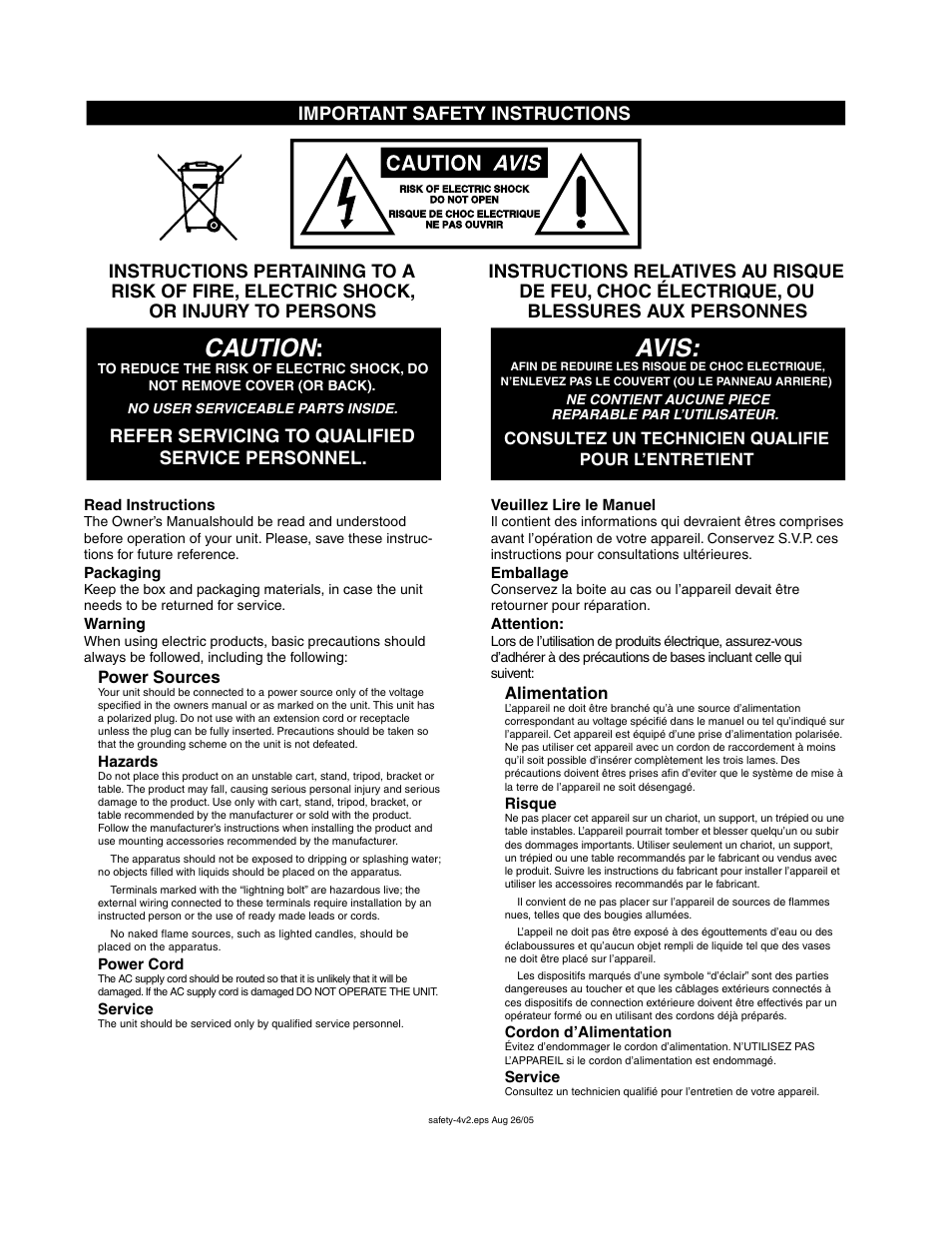 Caution, Avis, Important safety instructions | Yorkville EX1 User Manual | Page 2 / 18