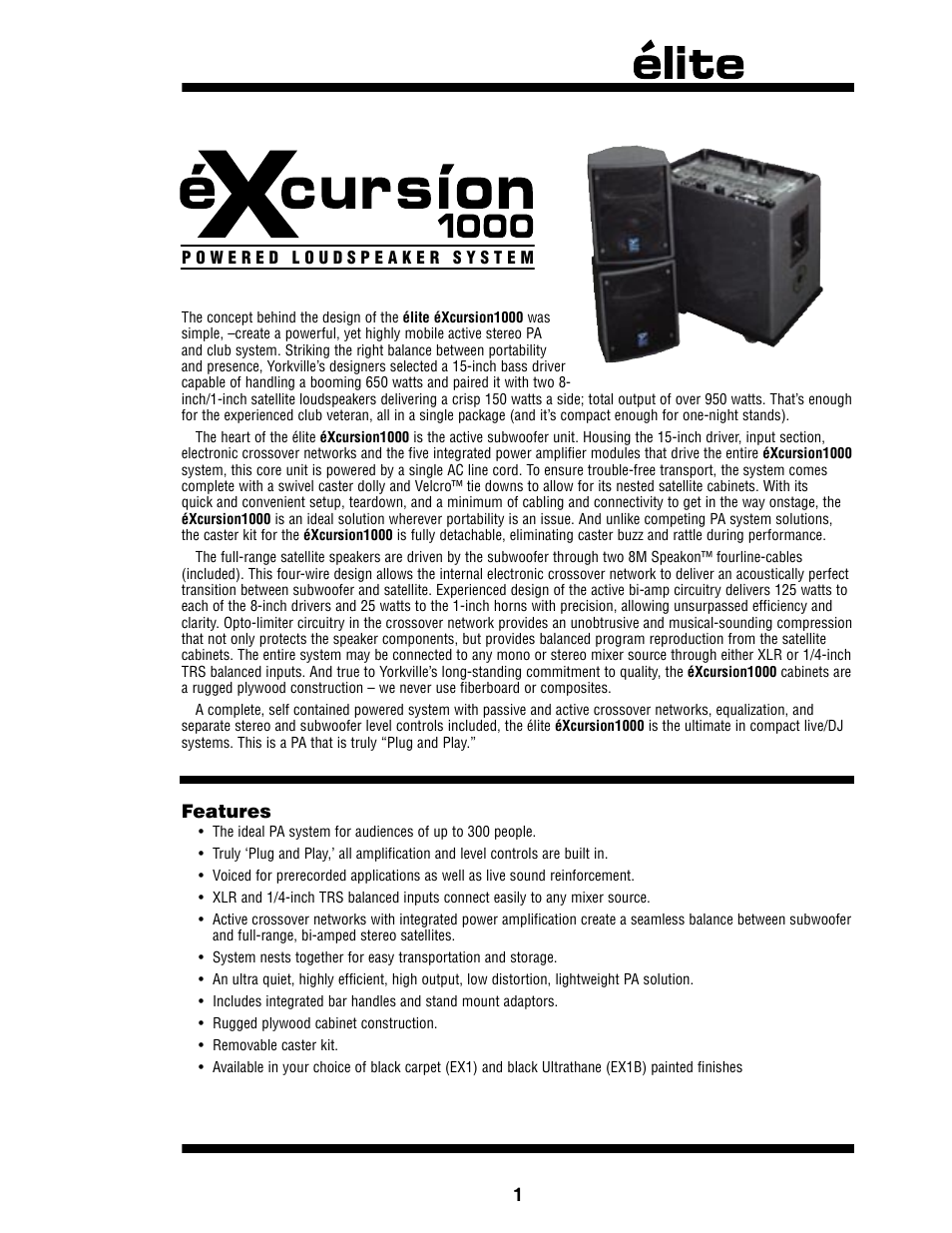 English, Éxcursion1000, Features | Yorkville EX1 User Manual | Page 3 / 18