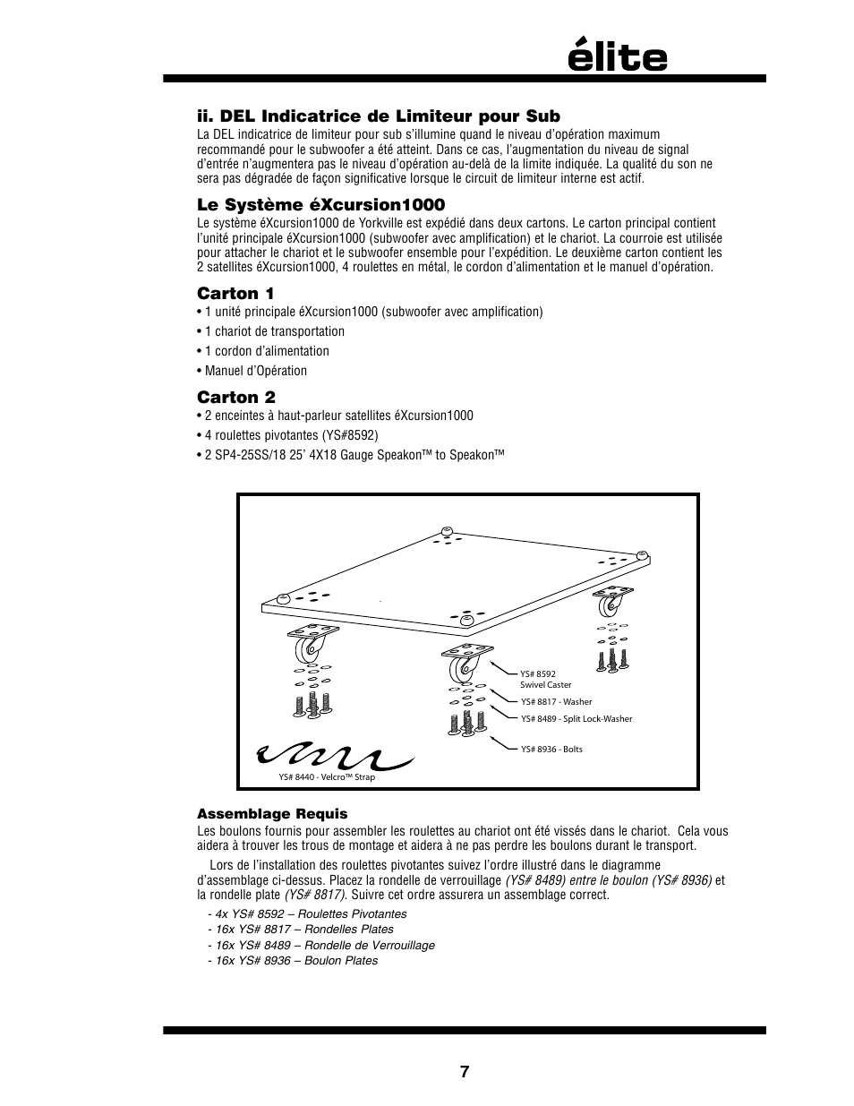 Ii. del indicatrice de limiteur pour sub, Le système éxcursion1000, Carton 1 | Carton 2, Assemblage requis | Yorkville EX1 User Manual | Page 9 / 18