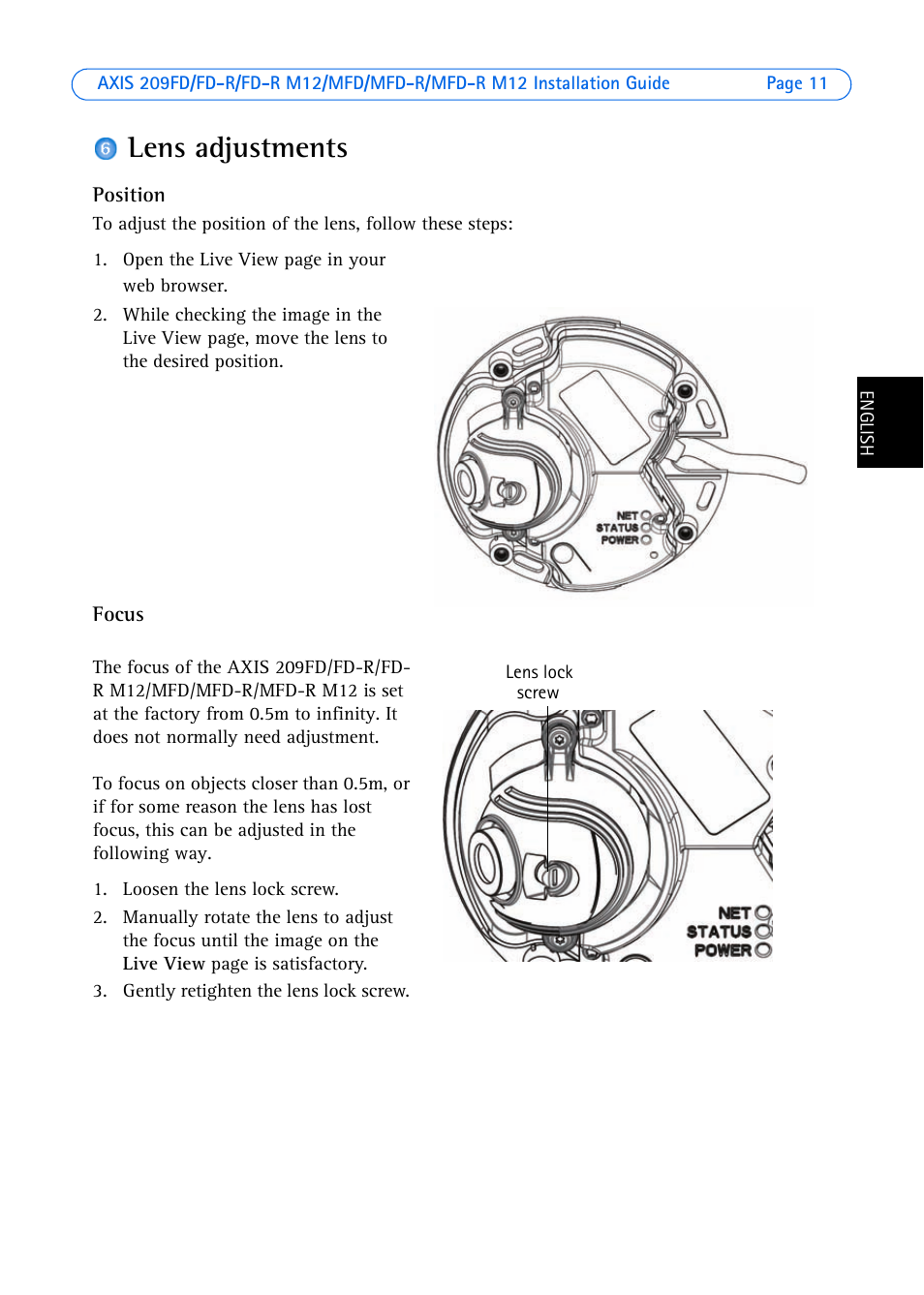 Lens adjustments | Axis Communications AXIS MFD-R M12 User Manual | Page 11 / 75