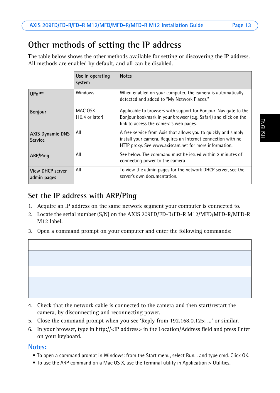 Other methods of setting the ip address, Set the ip address with arp/ping | Axis Communications AXIS MFD-R M12 User Manual | Page 13 / 75