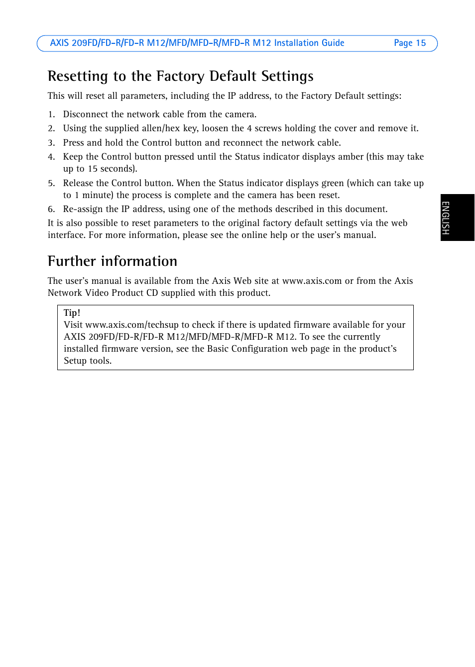 Resetting to the factory default settings, Further information | Axis Communications AXIS MFD-R M12 User Manual | Page 15 / 75