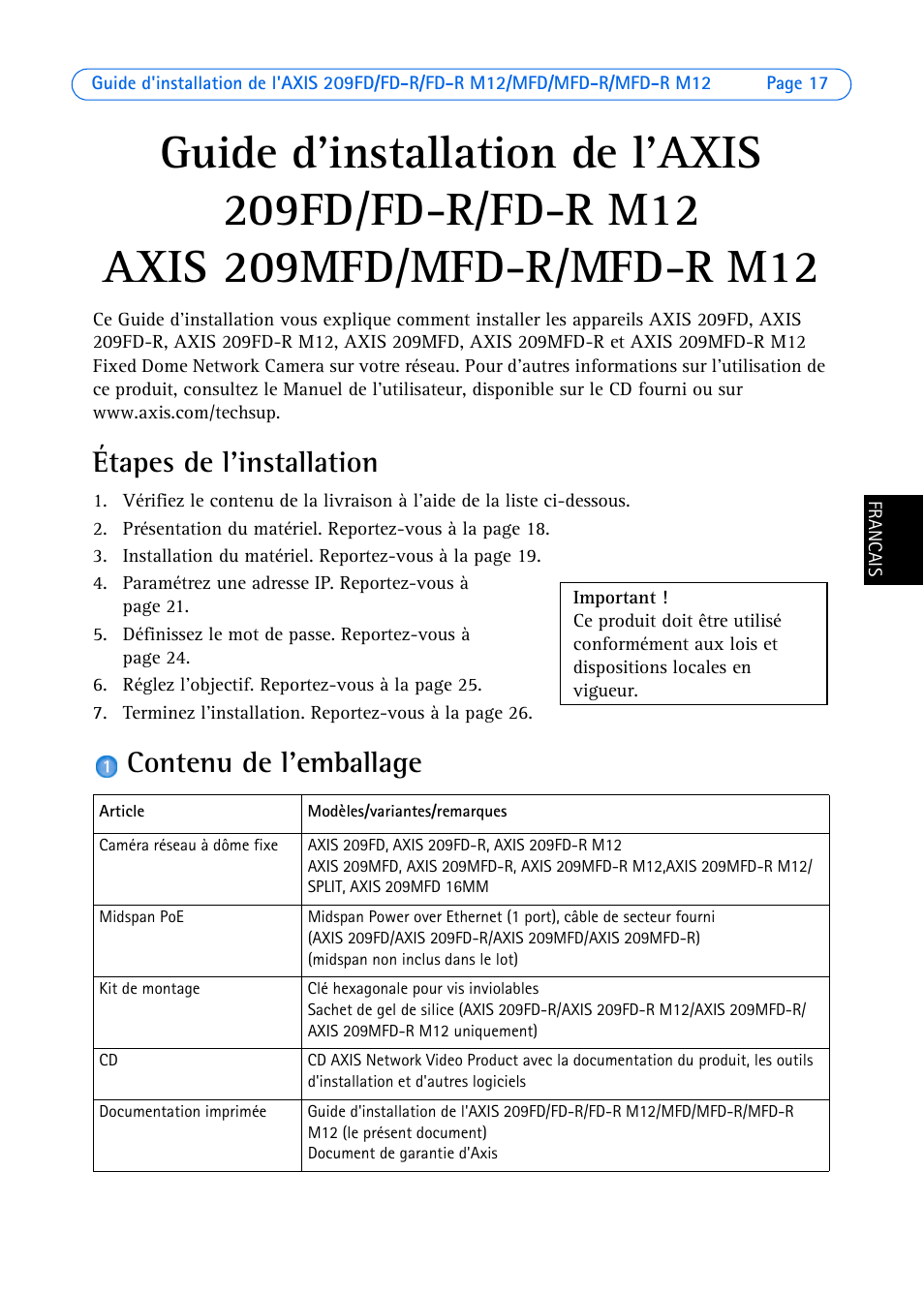 Étapes de l'installation, Contenu de l'emballage | Axis Communications AXIS MFD-R M12 User Manual | Page 17 / 75