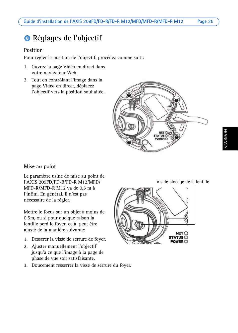 Réglages de l'objectif | Axis Communications AXIS MFD-R M12 User Manual | Page 25 / 75