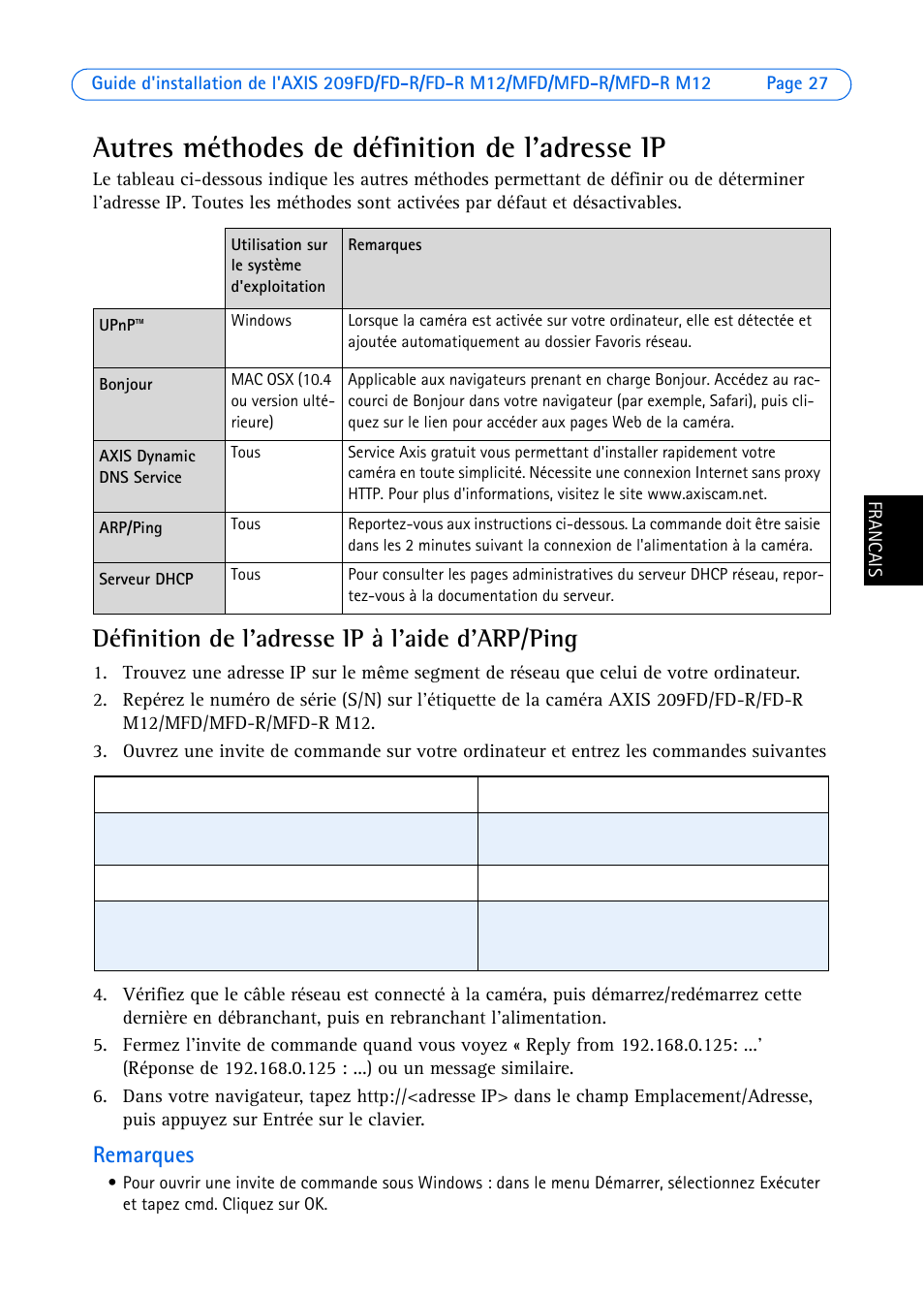 Autres méthodes de définition de l'adresse ip, Définition de l'adresse ip à l'aide d'arp/ping, Remarques | Axis Communications AXIS MFD-R M12 User Manual | Page 27 / 75