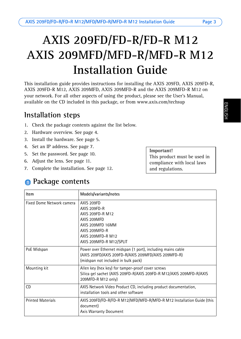 Installation steps, Package contents | Axis Communications AXIS MFD-R M12 User Manual | Page 3 / 75