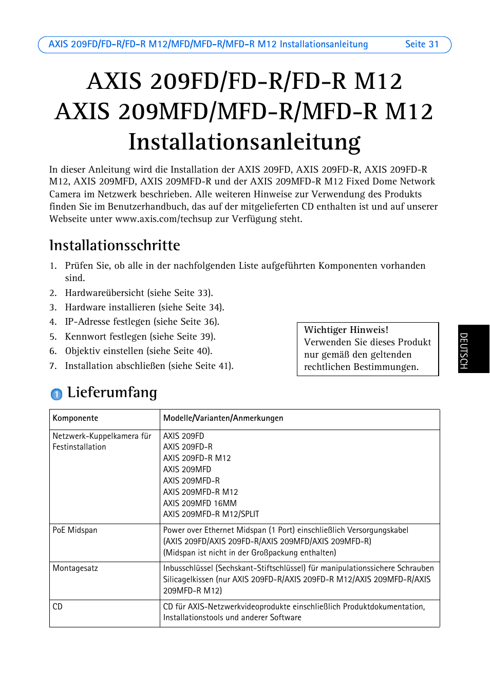 Installationsschritte, Lieferumfang, Installationsanleitung | Axis Communications AXIS MFD-R M12 User Manual | Page 31 / 75