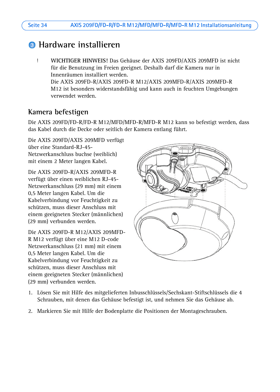 Hardware installieren, Kamera befestigen, Seite 34) | Axis Communications AXIS MFD-R M12 User Manual | Page 34 / 75