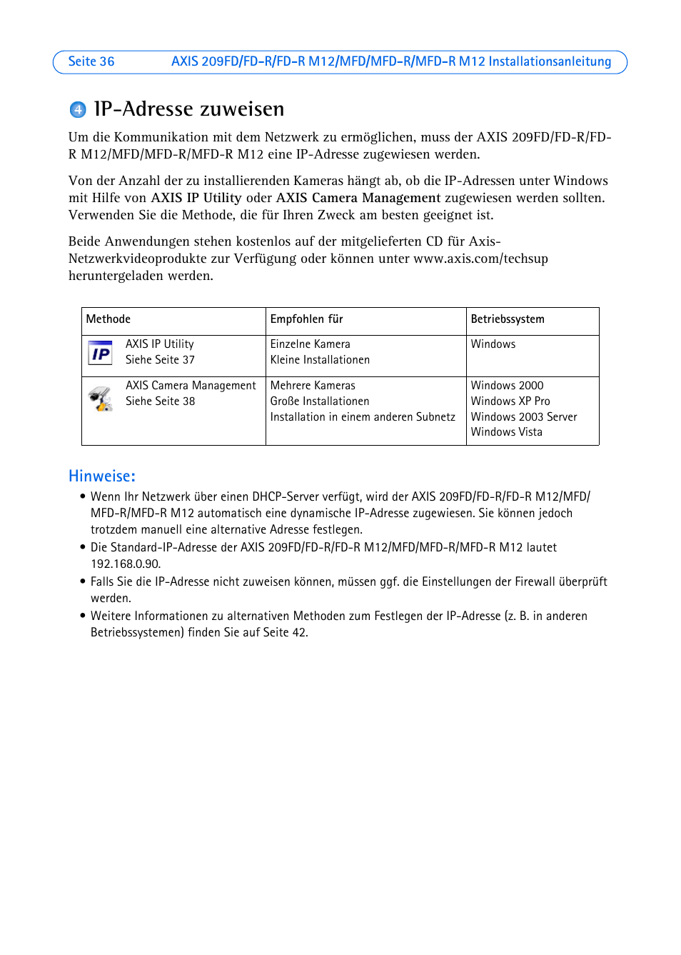 Ip-adresse zuweisen, Seite 36), 4 auf seite 36) | Hinweise | Axis Communications AXIS MFD-R M12 User Manual | Page 36 / 75