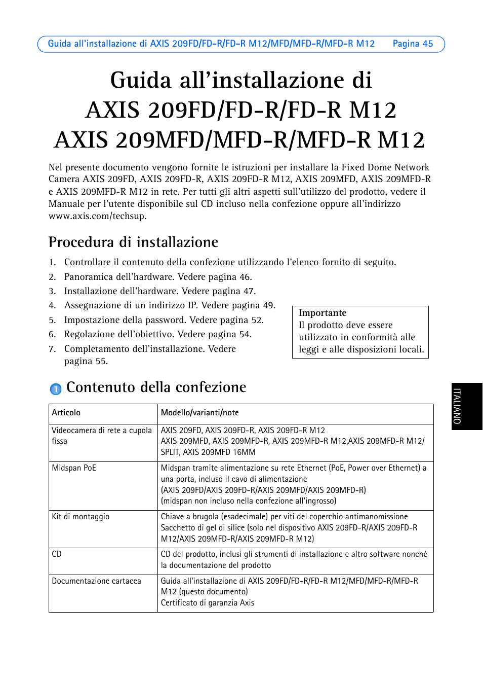 Procedura di installazione, Contenuto della confezione | Axis Communications AXIS MFD-R M12 User Manual | Page 45 / 75