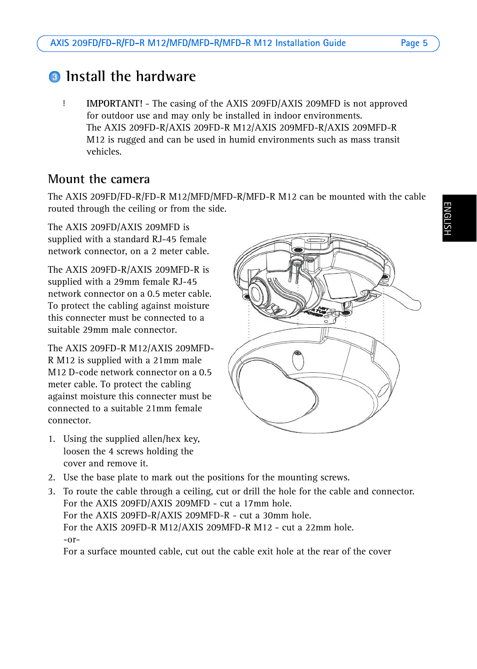 Install the hardware, Mount the camera | Axis Communications AXIS MFD-R M12 User Manual | Page 5 / 75